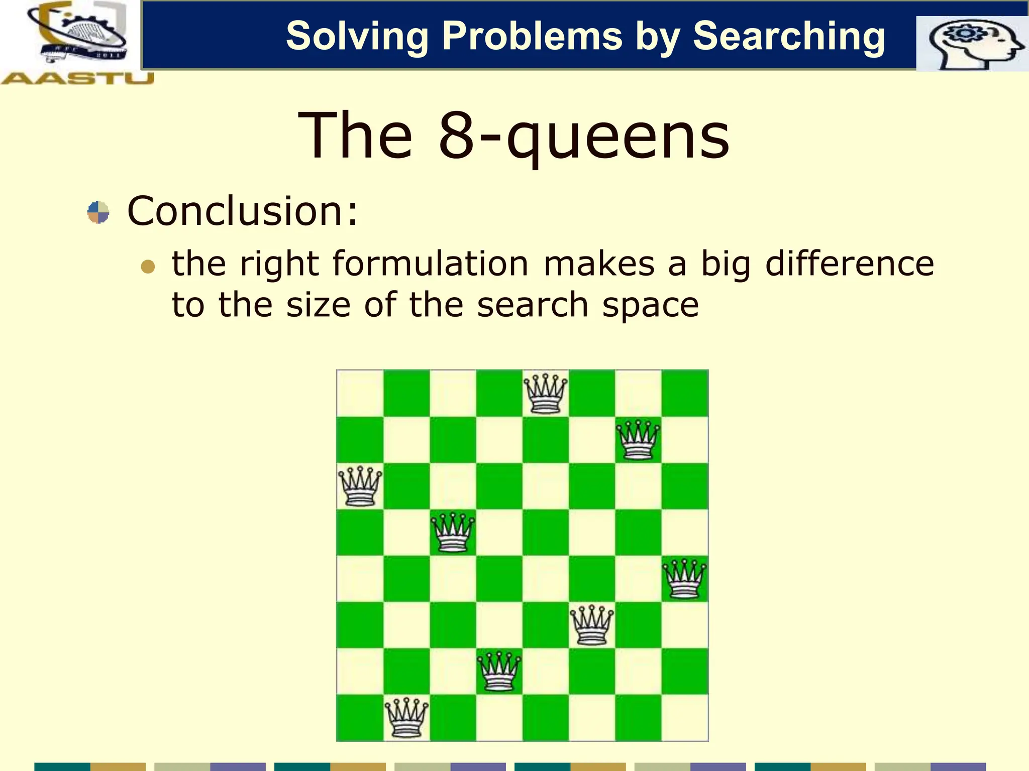 The 8-queens
Conclusion:
 the right formulation makes a big difference
to the size of the search space
Solving Problems by Searching
 