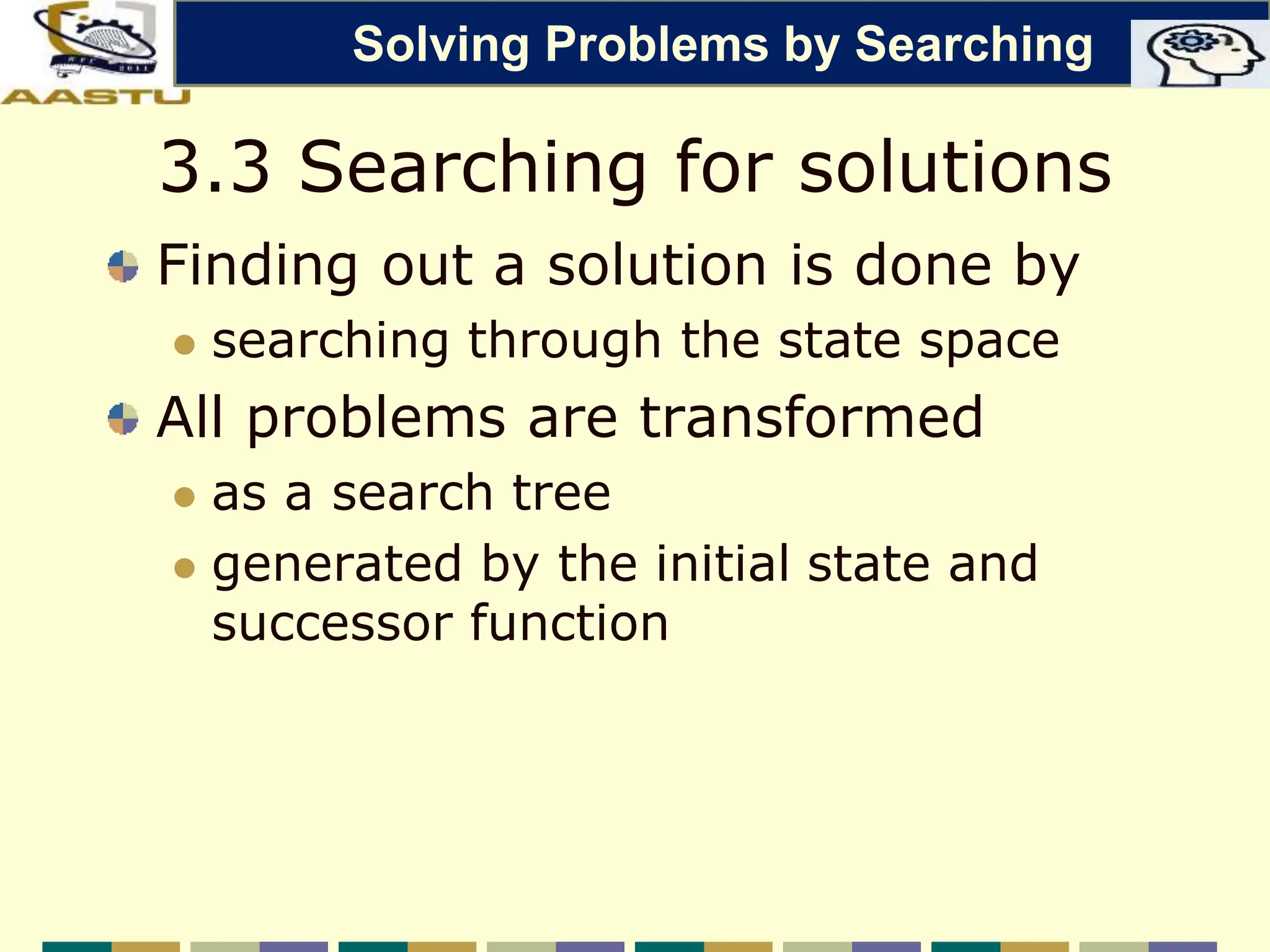 3.3 Searching for solutions
Finding out a solution is done by
 searching through the state space
All problems are transformed
 as a search tree
 generated by the initial state and
successor function
Solving Problems by Searching
 