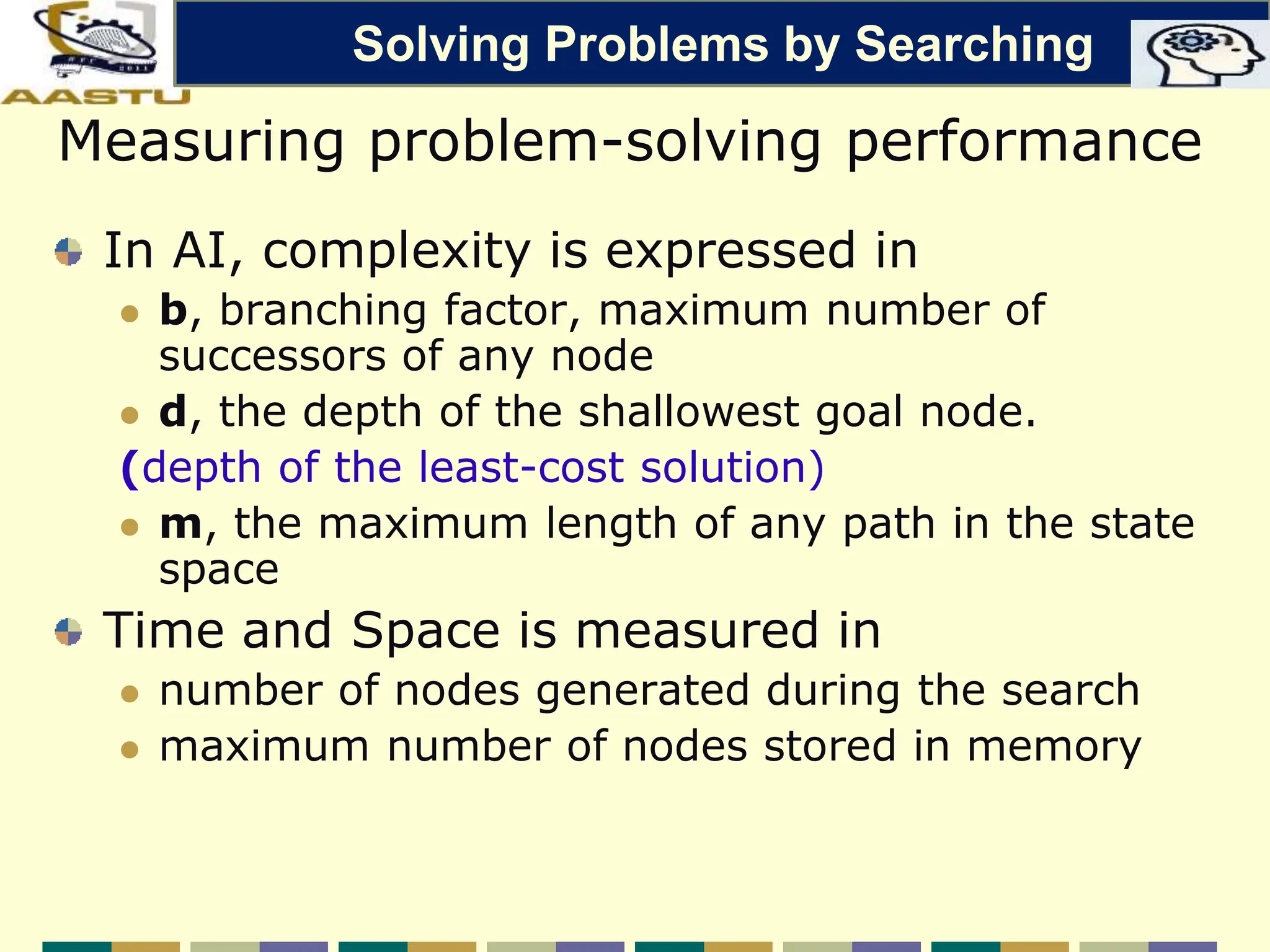 Measuring problem-solving performance
In AI, complexity is expressed in
 b, branching factor, maximum number of
successors of any node
 d, the depth of the shallowest goal node.
(depth of the least-cost solution)
 m, the maximum length of any path in the state
space
Time and Space is measured in
 number of nodes generated during the search
 maximum number of nodes stored in memory
Solving Problems by Searching
 