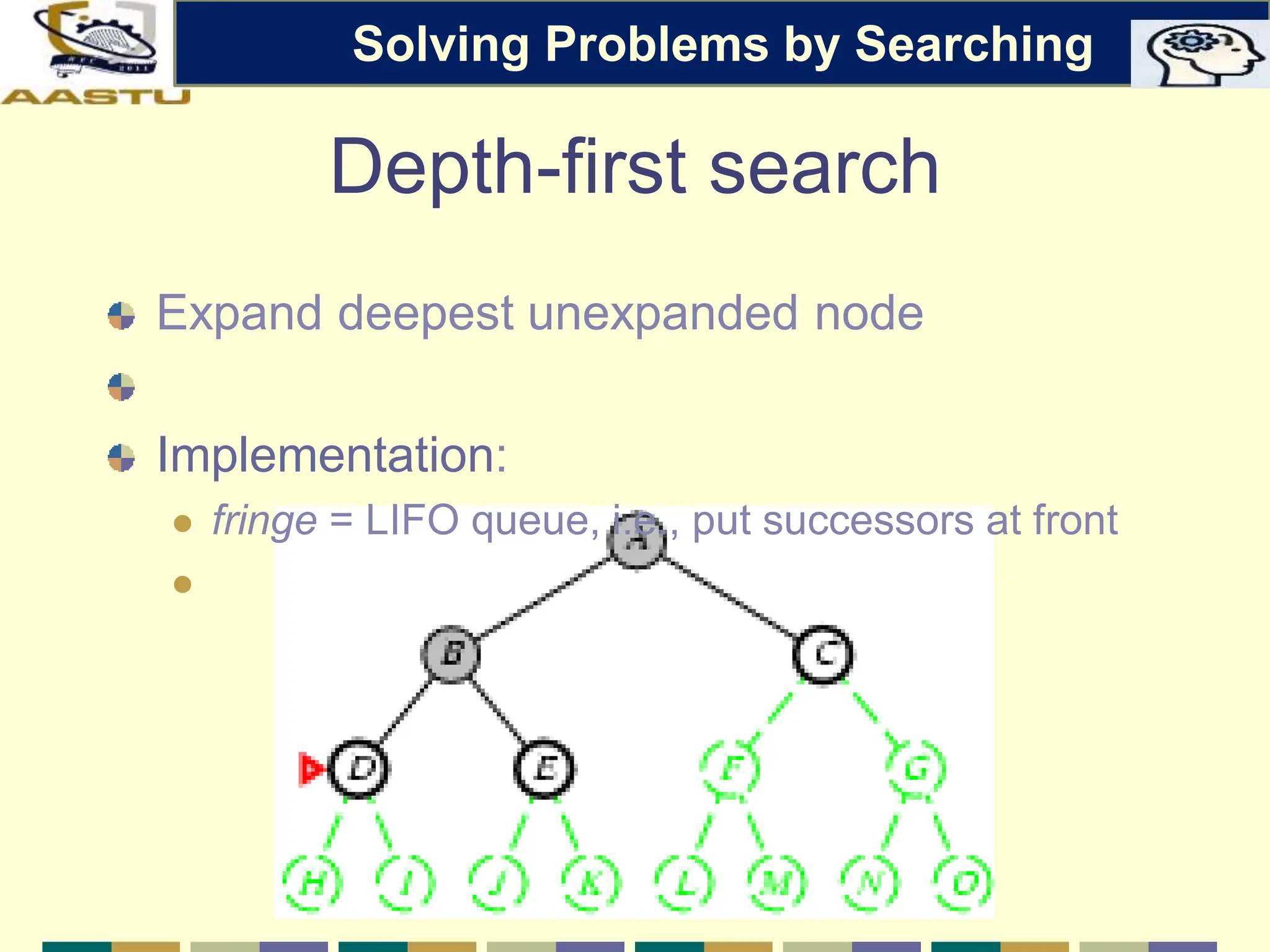 Depth-first search
Expand deepest unexpanded node
Implementation:
 fringe = LIFO queue, i.e., put successors at front

Solving Problems by Searching
 