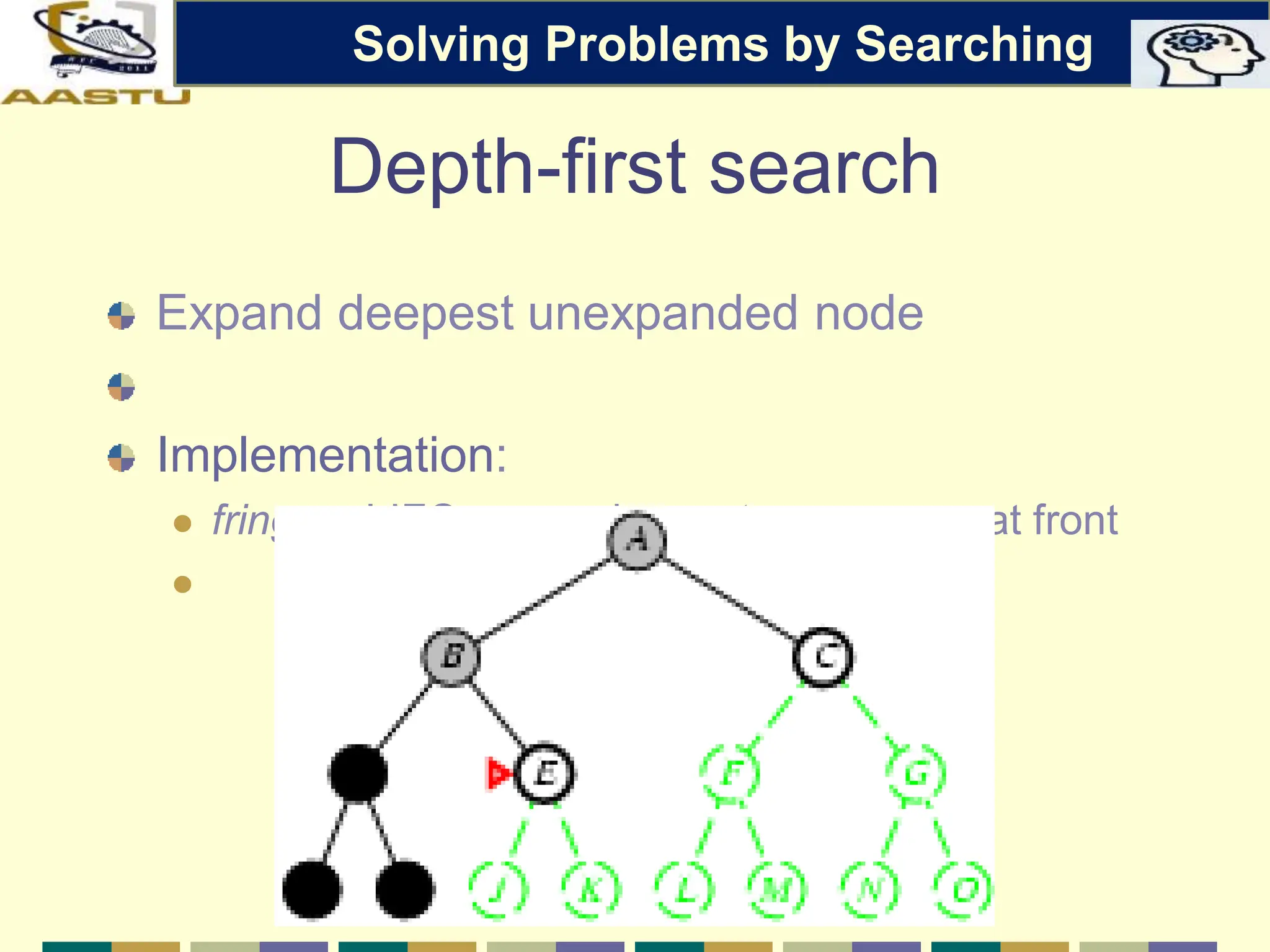 Depth-first search
Expand deepest unexpanded node
Implementation:
 fringe = LIFO queue, i.e., put successors at front

Solving Problems by Searching
 