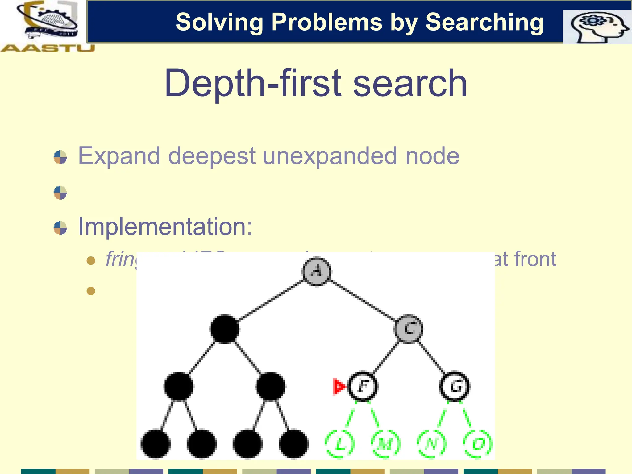Depth-first search
Expand deepest unexpanded node
Implementation:
 fringe = LIFO queue, i.e., put successors at front

Solving Problems by Searching
 