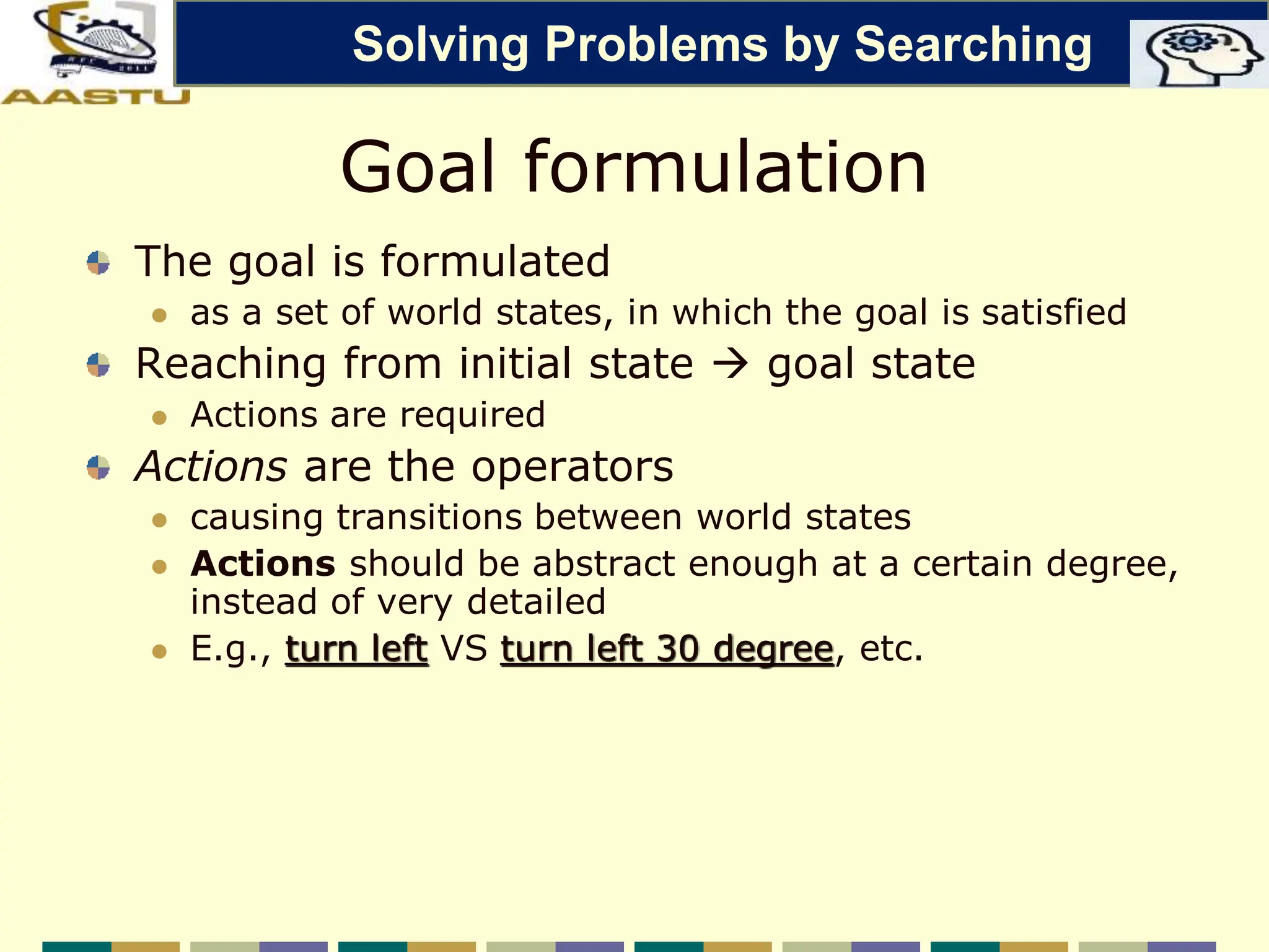 Goal formulation
The goal is formulated
 as a set of world states, in which the goal is satisfied
Reaching from initial state  goal state
 Actions are required
Actions are the operators
 causing transitions between world states
 Actions should be abstract enough at a certain degree,
instead of very detailed
 E.g., turn left VS turn left 30 degree, etc.
Solving Problems by Searching
 