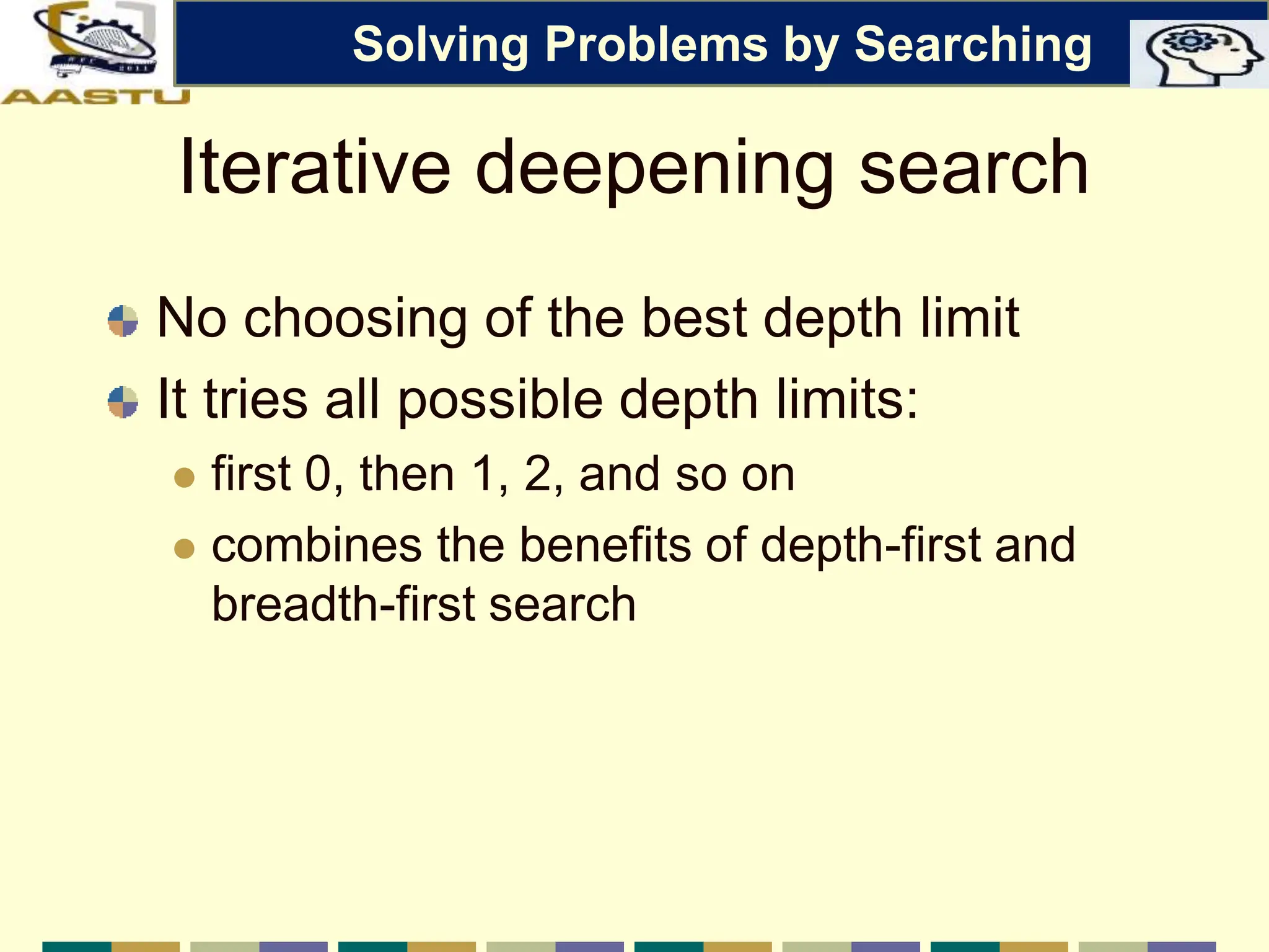 Iterative deepening search
No choosing of the best depth limit
It tries all possible depth limits:
 first 0, then 1, 2, and so on
 combines the benefits of depth-first and
breadth-first search
Solving Problems by Searching
 