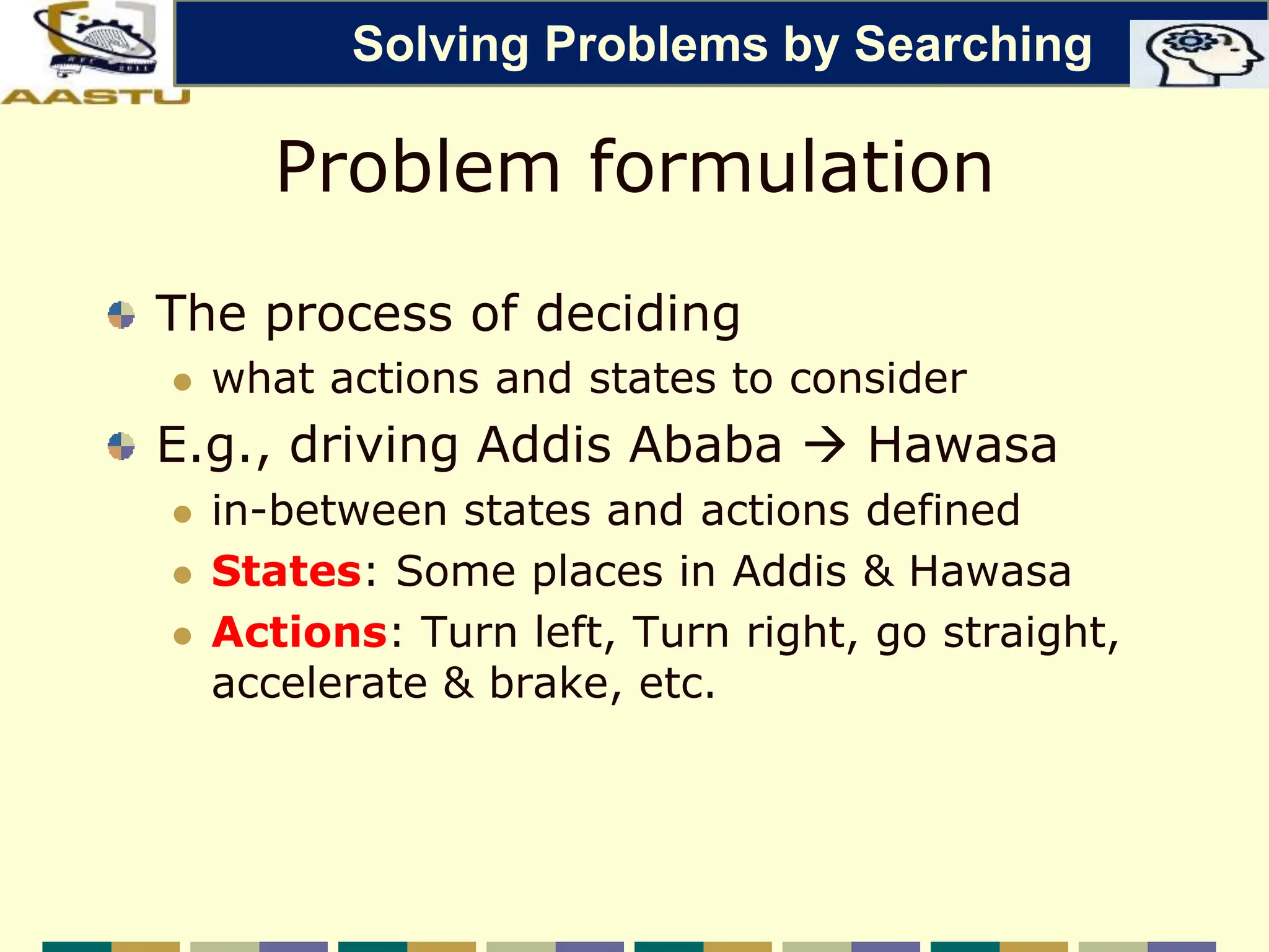 Problem formulation
The process of deciding
 what actions and states to consider
E.g., driving Addis Ababa  Hawasa
 in-between states and actions defined
 States: Some places in Addis & Hawasa
 Actions: Turn left, Turn right, go straight,
accelerate & brake, etc.
Solving Problems by Searching
 