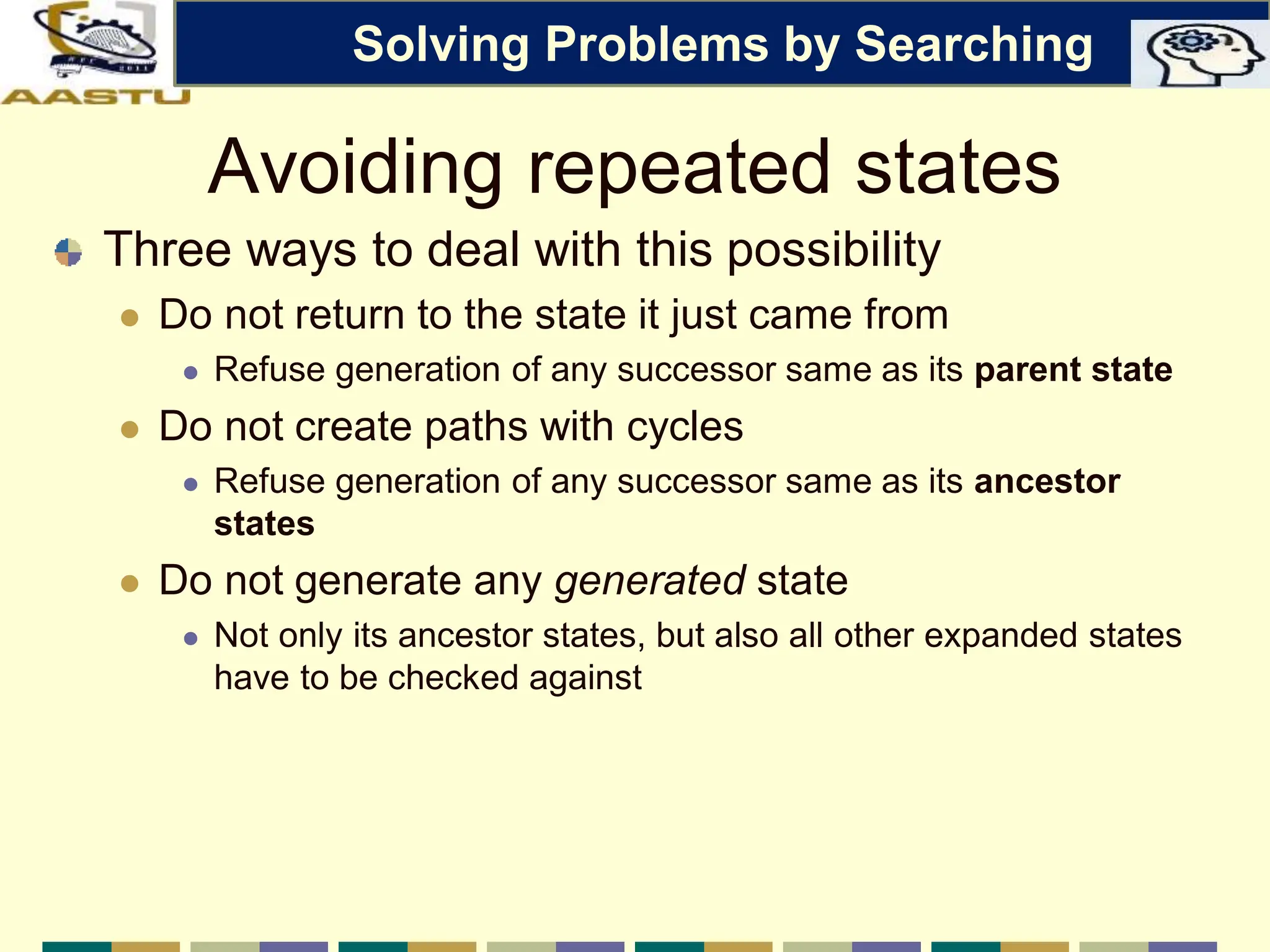 Avoiding repeated states
Three ways to deal with this possibility
 Do not return to the state it just came from
 Refuse generation of any successor same as its parent state
 Do not create paths with cycles
 Refuse generation of any successor same as its ancestor
states
 Do not generate any generated state
 Not only its ancestor states, but also all other expanded states
have to be checked against
Solving Problems by Searching
 