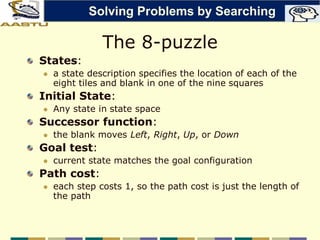 The 8-puzzle
States:
 a state description specifies the location of each of the
eight tiles and blank in one of the nine squares
Initial State:
 Any state in state space
Successor function:
 the blank moves Left, Right, Up, or Down
Goal test:
 current state matches the goal configuration
Path cost:
 each step costs 1, so the path cost is just the length of
the path
Solving Problems by Searching
 