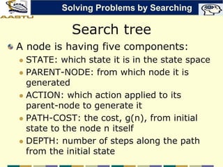 Search tree
A node is having five components:
 STATE: which state it is in the state space
 PARENT-NODE: from which node it is
generated
 ACTION: which action applied to its
parent-node to generate it
 PATH-COST: the cost, g(n), from initial
state to the node n itself
 DEPTH: number of steps along the path
from the initial state
Solving Problems by Searching
 
