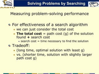 For effectiveness of a search algorithm
 we can just consider the total cost
 The total cost = path cost (g) of the solution
found + search cost
 search cost = time necessary to find the solution
Tradeoff:
 (long time, optimal solution with least g)
 vs. (shorter time, solution with slightly larger
path cost g)
Measuring problem-solving performance
Solving Problems by Searching
 