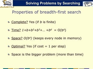 Properties of breadth-first search
Complete? Yes (if b is finite)
Time? 1+b+b2+b3+… +bd = O(bd)
Space? O(bd) (keeps every node in memory)
Optimal? Yes (if cost = 1 per step)
Space is the bigger problem (more than time)
Solving Problems by Searching
 