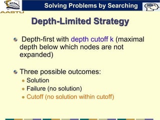 Depth-Limited Strategy
Depth-first with depth cutoff k (maximal
depth below which nodes are not
expanded)
Three possible outcomes:
 Solution
 Failure (no solution)
 Cutoff (no solution within cutoff)
Solving Problems by Searching
 