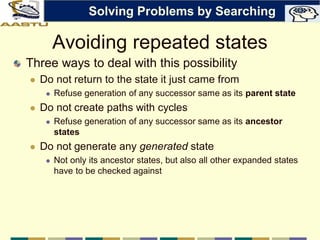 Avoiding repeated states
Three ways to deal with this possibility
 Do not return to the state it just came from
 Refuse generation of any successor same as its parent state
 Do not create paths with cycles
 Refuse generation of any successor same as its ancestor
states
 Do not generate any generated state
 Not only its ancestor states, but also all other expanded states
have to be checked against
Solving Problems by Searching
 