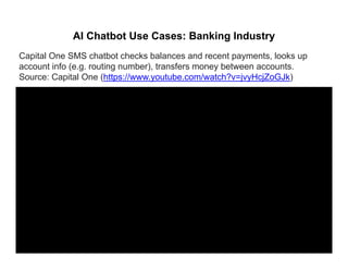 AI Chatbot Use Cases: Banking Industry
Capital One SMS chatbot checks balances and recent payments, looks up
account info (e.g. routing number), transfers money between accounts.
Source: Capital One (https://www.youtube.com/watch?v=jvyHcjZoGJk)
 