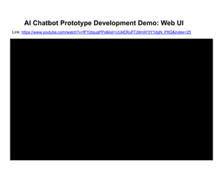 AI Chatbot Prototype Development Demo: Web UI
Link: https://www youtube com/watch?v=fFYzlqugPPs&list=UUkERuP7J9mW1tY1dgN PttQ&index=25Link: https://www.youtube.com/watch?v=fFYzlqugPPs&list=UUkERuP7J9mW1tY1dgN_PttQ&index=25
 