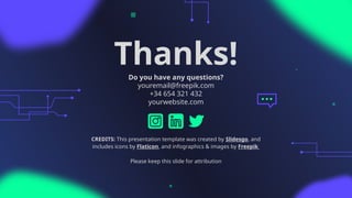 CREDITS: This presentation template was created by Slidesgo, and
includes icons by Flaticon, and infographics & images by Freepik
Thanks!
Do you have any questions?
youremail@freepik.com
+34 654 321 432
yourwebsite.com
Please keep this slide for attribution
 