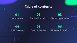 Table of contents
01
04
02
05
03
06
Introduction Problem & solution Market opportunity
Product demo Team & timeline Financial & metrics
 