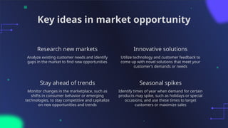 Stay ahead of trends
Key ideas in market opportunity
Analyze existing customer needs and identify
gaps in the market to find new opportunities
Utilize technology and customer feedback to
come up with novel solutions that meet your
customer’s demands or needs
Monitor changes in the marketplace, such as
shifts in consumer behavior or emerging
technologies, to stay competitive and capitalize
on new opportunities and trends
Identify times of year when demand for certain
products may spike, such as holidays or special
occasions, and use these times to target
customers or maximize sales
Research new markets Innovative solutions
Seasonal spikes
 