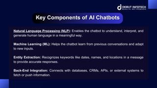 Key Components of AI Chatbots
Natural Language Processing (NLP): Enables the chatbot to understand, interpret, and
generate human language in a meaningful way.
Machine Learning (ML): Helps the chatbot learn from previous conversations and adapt
to new inputs.
Entity Extraction: Recognizes keywords like dates, names, and locations in a message
to provide accurate responses.
Back-End Integration: Connects with databases, CRMs, APIs, or external systems to
fetch or push information.
 