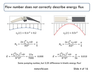 Flow number does not correctly describe energy flux
mstarcfd.com Slide 4 of 16
𝑣 𝑦 𝑟 = 0.5𝑟2
𝑣 𝑦 𝑟 = 0.1𝑟2
+ 0.2
𝑁𝑞 =
2𝜋 𝑣 𝑦 𝑟𝑑𝑟
𝑅
𝑜
𝑁𝐷3
=
𝜋
4
𝑁𝑞 =
2𝜋 𝑣 𝑦 𝑟𝑑𝑟
𝑅
𝑜
𝑁𝐷3
=
𝜋
4
𝐾 =
𝜋 𝑣 𝑦
3
𝑟𝑑𝑟
𝑅
𝑜
𝑁3 𝐷5 =
57𝜋
7000
= 0.008 𝐾 =
𝜋 𝑣 𝑦
3
𝑟𝑑𝑟
𝑅
𝑜
𝑁3 𝐷5 =
𝜋
56
= 0.018
Same pumping number, but 2.2X difference in kinetic energy flux!
 