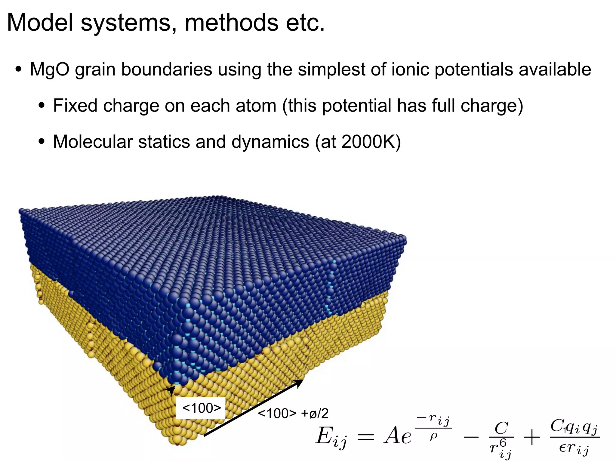 Model systems, methods etc.
•

MgO grain boundaries using the simplest of ionic potentials available
1 nm

•

Fixed charge on each atom (this potential has full charge)

•

Molecular statics and dynamics (at 2000K)

<100>

<100> +ø/2

Eij = Ae

rij
⇢

C
6
rij

+

Cqi qj
1
✏rij

 