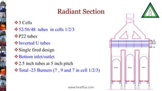 Radiant Section
3 Cells
52/56/48 tubes in cells 1/2/3
P22 tubes
Inverted U tubes
Single fired design
Bottom inlet/outlet
2.5 inch tubes at 5 inch pitch
Total -23 Burners (7 , 9 and 7 in cell 1/2/3)
www.heatflux.com
 