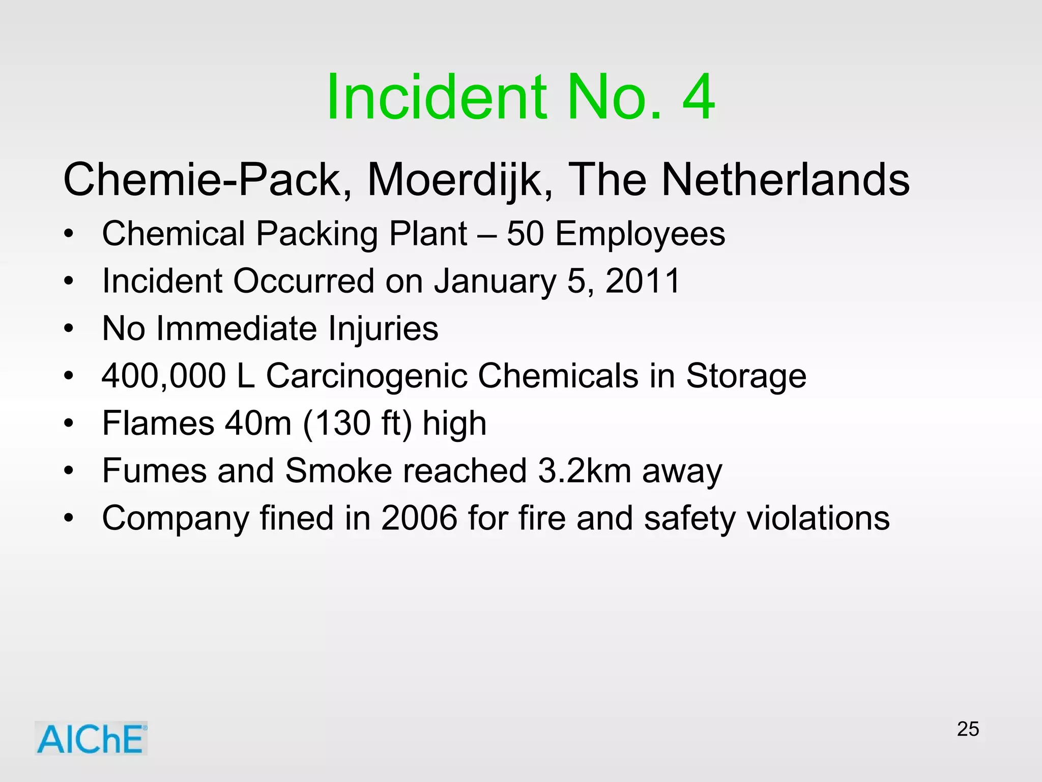 Incident No. 4 Chemie-Pack, Moerdijk, The Netherlands Chemical Packing Plant – 50 Employees Incident Occurred on January 5, 2011 No Immediate Injuries 400,000 L Carcinogenic Chemicals in Storage Flames 40m (130 ft) high Fumes and Smoke reached 3.2km away Company fined in 2006 for fire and safety violations 