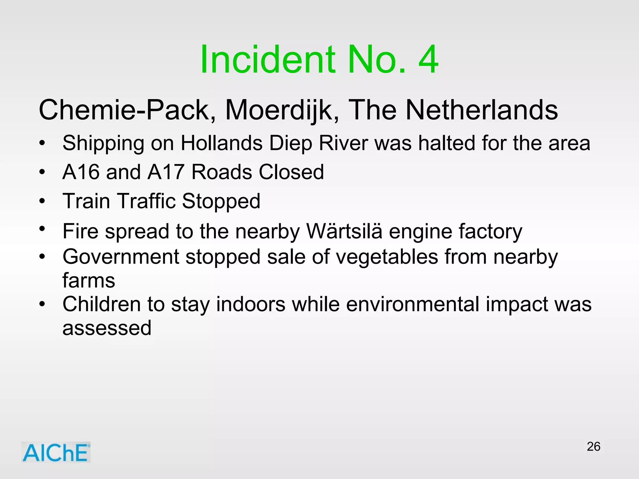 Incident No. 4 Chemie-Pack, Moerdijk, The Netherlands Shipping on Hollands Diep River was halted for the area A16 and A17 Roads Closed Train Traffic Stopped Fire spread to the nearby Wärtsilä engine factory   Government stopped sale of vegetables from nearby farms Children to stay indoors while environmental impact was assessed 