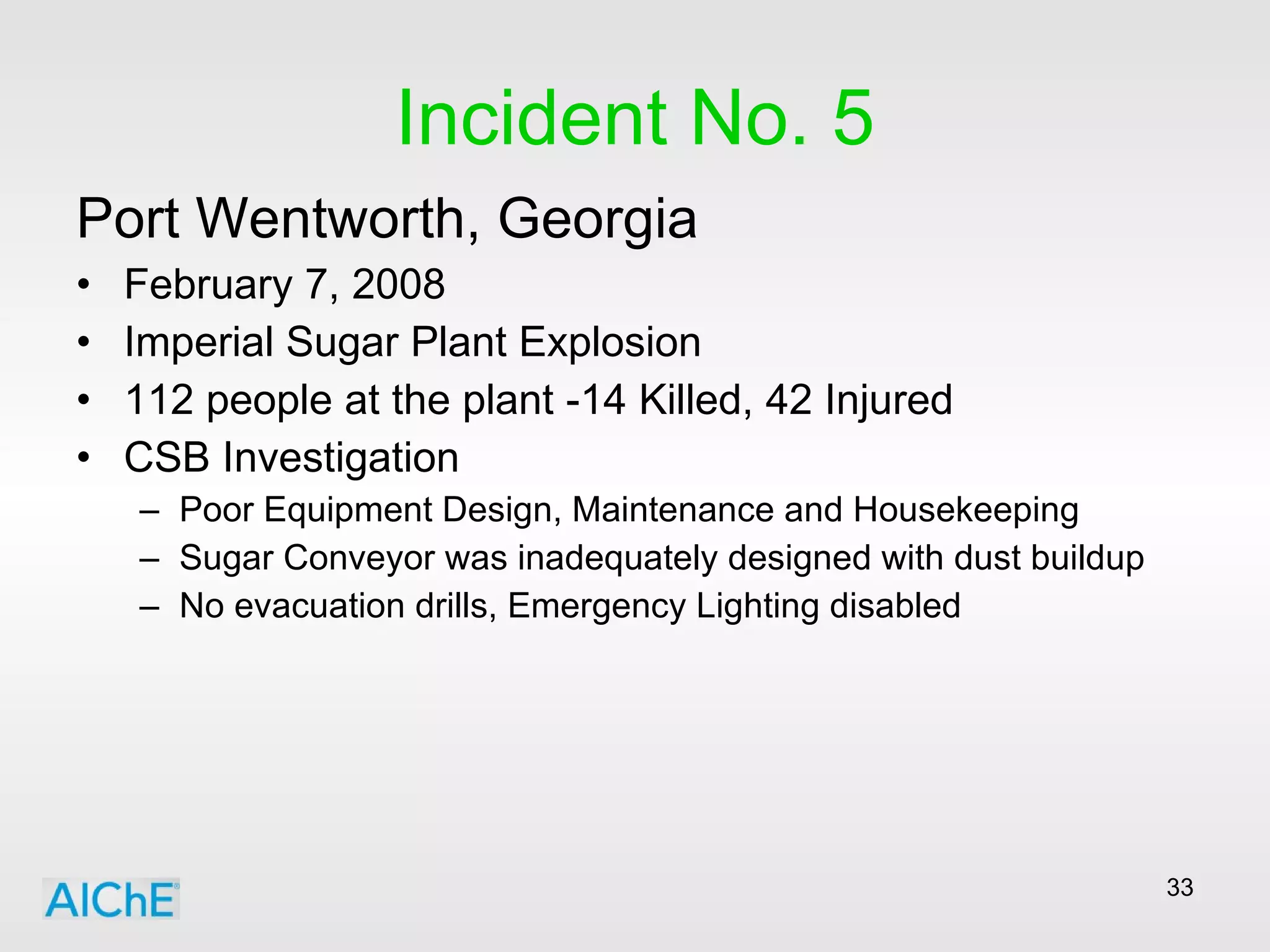 Incident No. 5 Port Wentworth, Georgia February 7, 2008 Imperial Sugar Plant Explosion 112 people at the plant -14 Killed, 42 Injured CSB Investigation Poor Equipment Design, Maintenance and Housekeeping Sugar Conveyor was inadequately designed with dust buildup No evacuation drills, Emergency Lighting disabled 