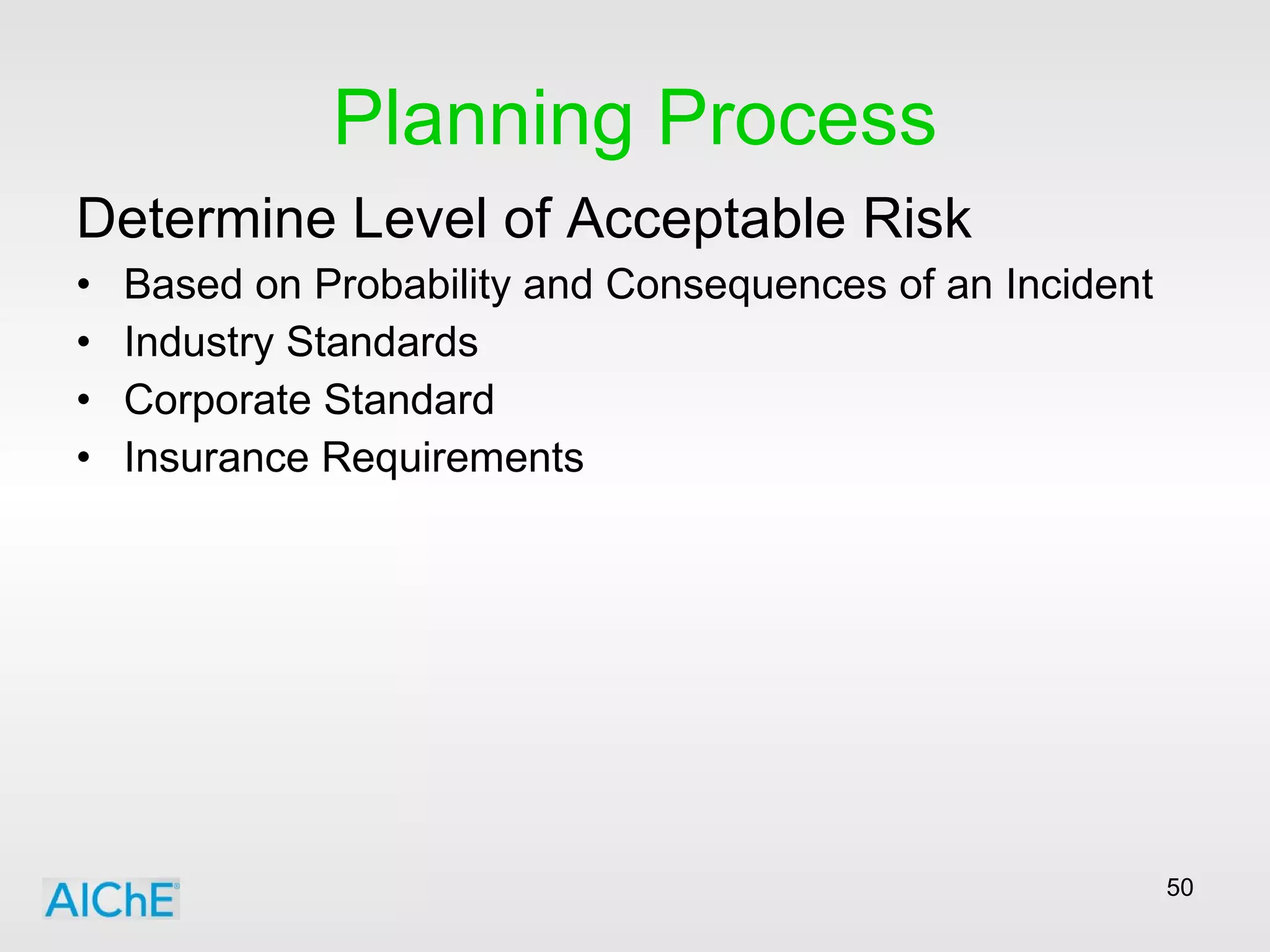 Planning Process Determine Level of Acceptable Risk Based on Probability and Consequences of an Incident Industry Standards Corporate Standard Insurance Requirements 