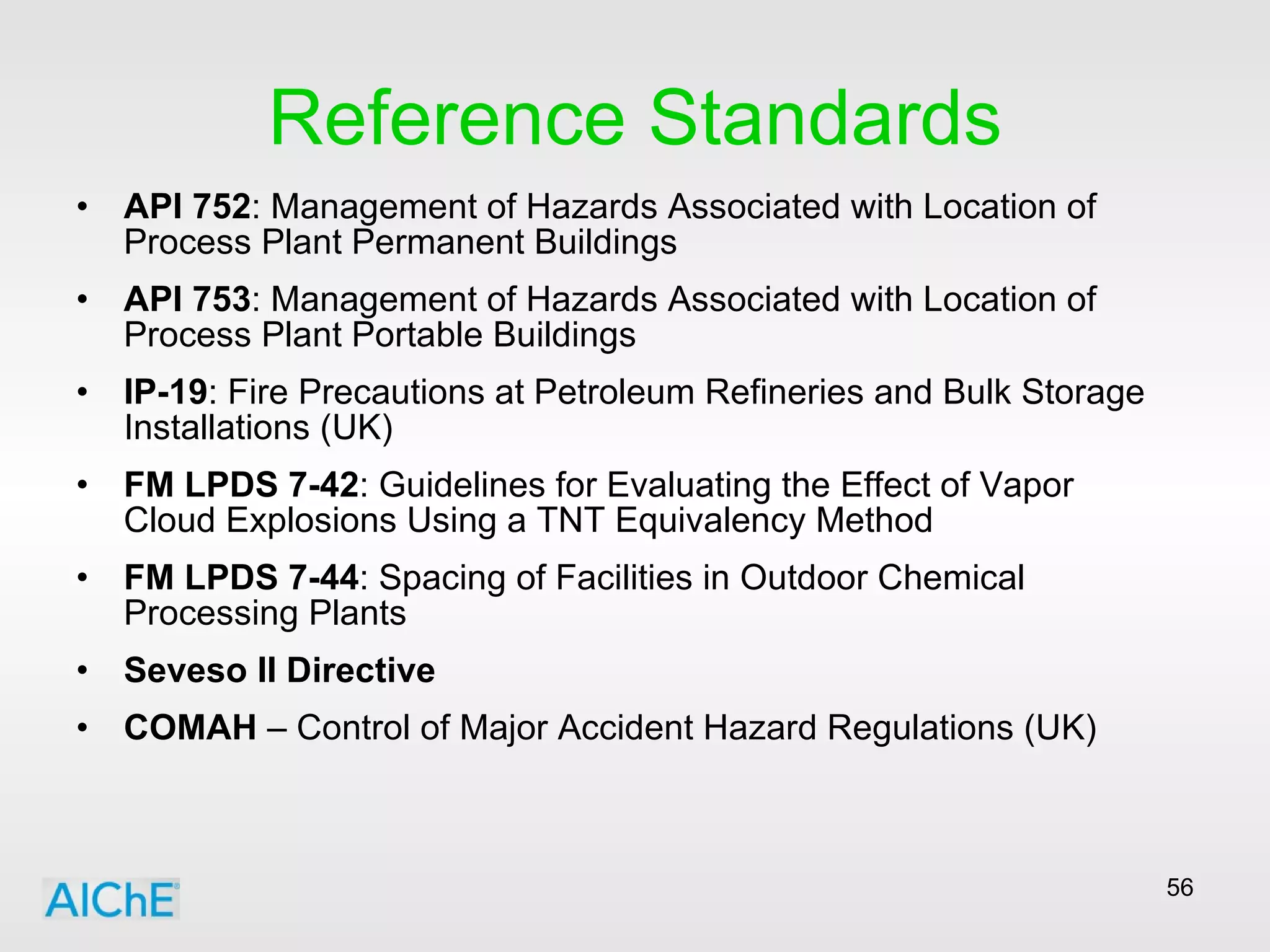 Reference Standards API 752 : Management of Hazards Associated with Location of Process Plant Permanent Buildings  API 753 : Management of Hazards Associated with Location of Process Plant Portable Buildings IP-19 : Fire Precautions at Petroleum Refineries and Bulk Storage Installations (UK) FM LPDS 7-42 : Guidelines for Evaluating the Effect of Vapor Cloud Explosions Using a TNT Equivalency Method FM LPDS 7-44 : Spacing of Facilities in Outdoor Chemical Processing Plants Seveso II Directive COMAH  – Control of Major Accident Hazard Regulations (UK) 