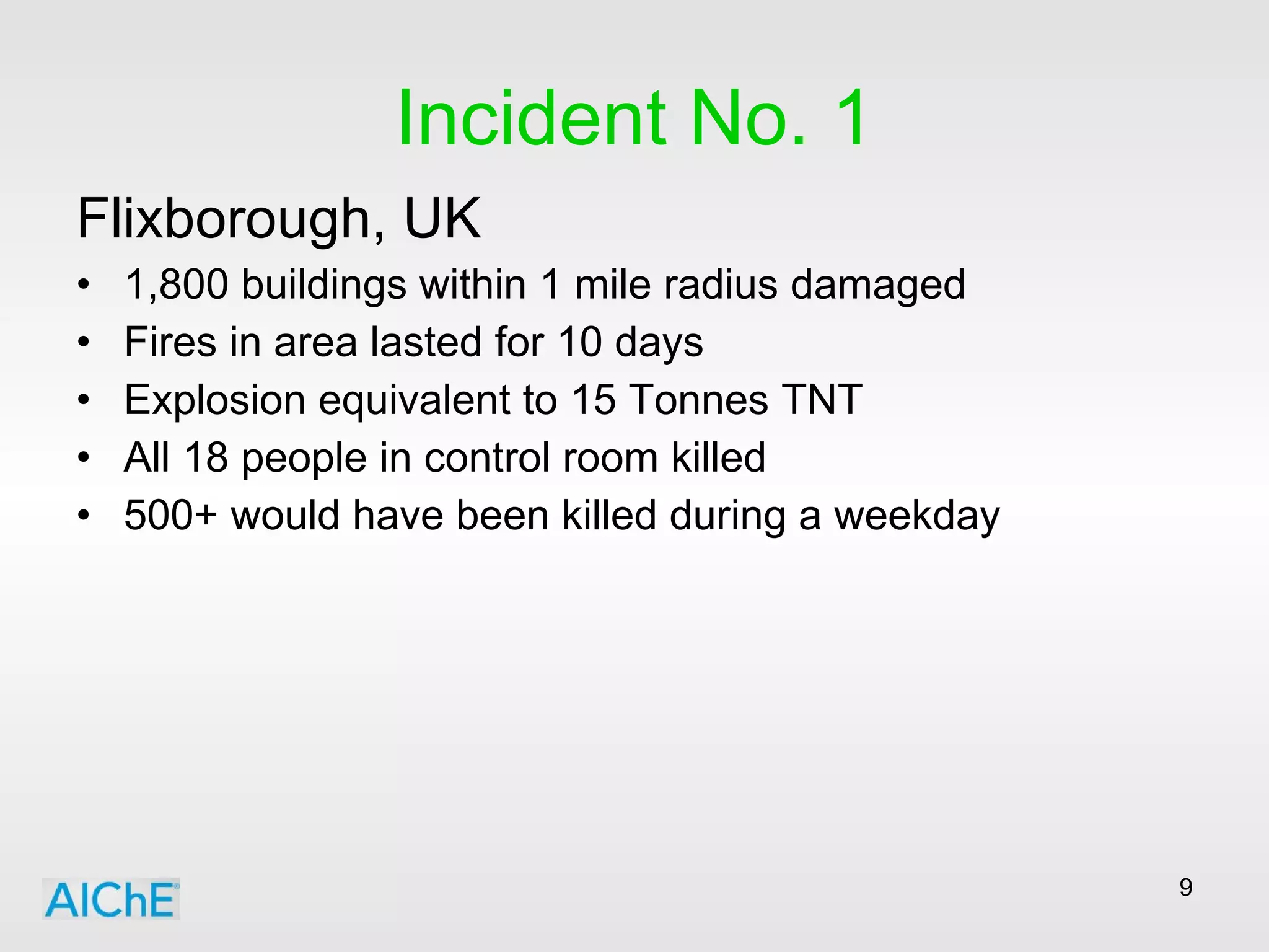 Incident No. 1 Flixborough, UK 1,800 buildings within 1 mile radius damaged Fires in area lasted for 10 days Explosion equivalent to 15 Tonnes TNT All 18 people in control room killed 500+ would have been killed during a weekday 