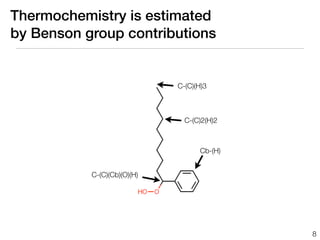 Thermochemistry is estimated
by Benson group contributions


                             C-(C)(H)3



                               C-(C)2(H)2



                                   Cb-(H)


           C-(C)(Cb)(O)(H)




                                            8
 