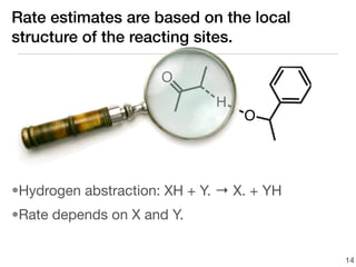 Rate estimates are based on the local
structure of the reacting sites.

                      O
                              H
                                  O




•Hydrogen abstraction: XH + Y. → X. + YH
•Rate depends on X and Y.


                                           14
 