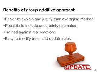 Beneﬁts of group additive approach

•Easier to explain and justify than averaging method
•Possible to include uncertainty estimates
•Trained against real reactions
•Easy to modify trees and update rules




                                                       40
 