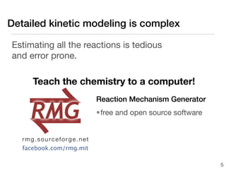 Detailed kinetic modeling is complex

Estimating all the reactions is tedious
and error prone.

      Teach the chemistry to a computer!
                          Reaction Mechanism Generator
                          •free and open source software


   rmg.sourceforge.net
   facebook.com/rmg.mit

                                                           5
 