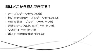 • オープンデータやりたい派
• 地方自治体のオープンデータやりたい派
• 公共交通オープンデータやりたい派
• 行政のデジタル化（DX）やりたい派
• 交通のIT化やりたい派
• ポスト自動車産業やりたい派
球はどこから飛んできてる？
 