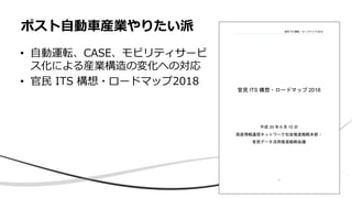 • 自動運転、CASE、モビリティサービ
ス化による産業構造の変化への対応
• 官民 ITS 構想・ロードマップ2018
ポスト自動車産業やりたい派
 
