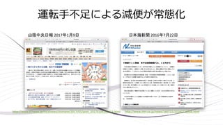 運転手不足による減便が常態化
http://www.nnn.co.jp/news/160722/20160722006.html
日本海新聞 2016年7月22日山陰中央日報 2017年1月9日
http://www.47news.jp/localnews/shimane/2017/01/post_20170109105154.html
 