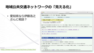 • 愛知県なら伊藤浩之
さんに相談？
地域公共交通ネットワークの「見える化」
https://www.rosenzu.com/net/mieru/index.html
 
