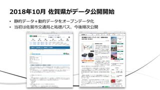 • 静的データ＋動的データをオープンデータ化
• 当初は佐賀市交通局と祐徳バス、今後順次公開
2018年10月 佐賀県がデータ公開開始
 