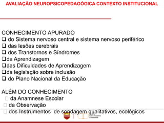 AVALIAÇÃO NEUROPSICOPEDAGÓGICA CONTEXTO INSTITUCIONAL
CONHECIMENTO APURADO
❑ do Sistema nervoso central e sistema nervoso periférico
❑ das lesões cerebrais
❑ dos Transtornos e Síndromes
❑da Aprendizagem
❑das Dificuldades de Aprendizagem
❑da legislação sobre inclusão
❑ do Plano Nacional da Educação
ALÉM DO CONHECIMENTO
da Anamnese Escolar
da Observação
dos Instrumentos de sondagem qualitativos, ecológicos
 