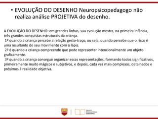 • EVOLUÇÃO DO DESENHO Neuropsicopedagogo não
realiza análise PROJETIVA do desenho.
A EVOLUÇÃO DO DESENHO: em grandes linhas, sua evolução mostra, na primeira infância,
três grandes conquistas estruturais da criança.
1º quando a criança percebe a relação gesto-traço, ou seja, quando percebe que o risco é
uma resultante do seu movimento com o lápis.
2º é quando a criança compreende que pode representar intencionalmente um objeto
graficamente.
3º quando a criança consegue organizar essas representações, formando todos significativos,
primeiramente muito mágicos e subjetivos, e depois, cada vez mais complexos, detalhados e
próximos à realidade objetiva.
 