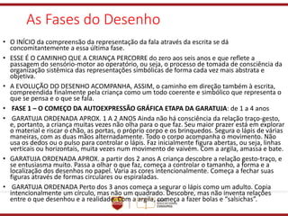 As Fases do Desenho
• O INÍCIO da compreensão da representação da fala através da escrita se dá
concomitantemente a essa última fase.
• ESSE É O CAMINHO QUE A CRIANÇA PERCORRE do zero aos seis anos e que reflete a
passagem do sensório-motor ao operatório, ou seja, o processo de tomada de consciência da
organização sistêmica das representações simbólicas de forma cada vez mais abstrata e
objetiva.
• A EVOLUÇÃO DO DESENHO ACOMPANHA, ASSIM, o caminho em direção também à escrita,
compreendida finalmente pela criança como um todo coerente e simbólico que representa o
que se pensa e o que se fala.
• FASE 1 – O COMEÇO DA AUTOEXPRESSÃO GRÁFICA ETAPA DA GARATUJA: de 1 a 4 anos
• GARATUJA ORDENADA APROX. 1 A 2 ANOS Ainda não há consciência da relação traço-gesto,
e, portanto, a criança muitas vezes não olha para o que faz. Seu maior prazer está em explorar
o material e riscar o chão, as portas, o próprio corpo e os brinquedos. Segura o lápis de várias
maneiras, com as duas mãos alternadamente. Todo o corpo acompanha o movimento. Não
usa os dedos ou o pulso para controlar o lápis. Faz inicialmente figura abertas, ou seja, linhas
verticais ou horizontais, muita vezes num movimento de vaivém. Com a argila, amassa e bate.
• GARATUJA ORDENADA APROX. a partir dos 2 anos A criança descobre a relação gesto-traço, e
se entusiasma muito. Passa a olhar o que faz, começa a controlar o tamanho, a forma e a
localização dos desenhos no papel. Varia as cores intencionalmente. Começa a fechar suas
figuras através de formas circulares ou espiraladas.
• GARATUJA ORDENADA Perto dos 3 anos começa a segurar o lápis como um adulto. Copia
intencionalmente um círculo, mas não um quadrado. Descobre, mas não inventa relações
entre o que desenhou e a realidade. Com a argila, começa a fazer bolas e “salsichas”.
 