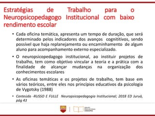 Estratégias de Trabalho para o
Neuropsicopedagogo Institucional com baixo
rendimento escolar
• Cada oficina temática, apresenta um tempo de duração, que será
determinado pelos indicadores dos avanços cognititivos, sendo
possível que haja replanejamento ou encaminhamento de algum
aluno para acompanhamento externo especializado.
• O neuropsicopedagogo institucional, ao instituir projetos de
trabalho, tem como objetivo vincular a teoria e a prática com a
finalidade de alcançar mudanças na organização dos
conhecimentos escolares
• As oficinas temáticas e os projetos de trabalho, tem base em
vários teóricos, entre eles nos princípios educativos da psicologia
de Vygotsky (1988)
• Conteúdo -RUSSO E FULLE Neuropsicopedagogia Institucional; 2018 ED Juruá,
pág 43
 