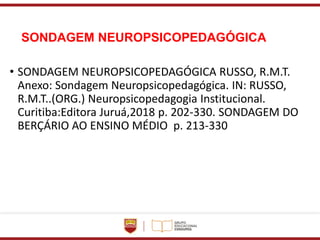 SONDAGEM NEUROPSICOPEDAGÓGICA
• SONDAGEM NEUROPSICOPEDAGÓGICA RUSSO, R.M.T.
Anexo: Sondagem Neuropsicopedagógica. IN: RUSSO,
R.M.T..(ORG.) Neuropsicopedagogia Institucional.
Curitiba:Editora Juruá,2018 p. 202-330. SONDAGEM DO
BERÇÁRIO AO ENSINO MÉDIO p. 213-330
 