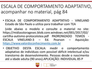 ESCALA DE COMPORTAMENTO ADAPTATIVO,
acompanhar no material, pág 84
• ESCALA DE COMPORTAMENTO ADAPTATIVO - VINELAND
Estado de São Paulo a utiliza para trabalhar com TEA
(vide abaixo o modelo e consulte o material no site:
https://midiasstoragesec.blob.core.windows.net/001/2017/02/
cartilha-autismo-protocolotea.pdf PADRONIZADO TEMOS -
ESCALA VINELAND-3 – Ed. Pearson – Aquisição:
https://www.valordoconhecimento.com.br
• OBJETIVO DESTA ESCALA: medir o comportamento
adaptativo de indivíduos com possível déficit intelectual e/ou
transtorno de desenvolvimento. Pessoas desde o nascimento
até a idade adulta (90 anos).APLICAÇÃO: INDIVIDUAL 85 P
 