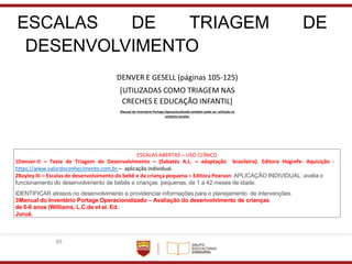 89
ESCALAS DE TRIAGEM DE
DESENVOLVIMENTO
DENVER E GESELL (páginas 105-125)
[UTILIZADAS COMO TRIAGEM NAS
CRECHES E EDUCAÇÃO INFANTIL]
Manual do Inventário Portage Operacionalizado também pode ser utilizado no
contexto escolar.
ESCALAS ABERTAS – USO CLÍNICO
1Denver-II – Teste de Triagem do Desenvolvimento – (Sabatés A.L. – adaptação brasileira). Editora Hogrefe- Aquisição -
https://www.valordoconhecimento.com.br – aplicação individual.
2Bayley III – Escalas de desenvolvimento do bebê e da criança pequena – Editora Pearson APLICAÇÃO INDIVIDUAL: avalia o
funcionamento do desenvolvimento de bebês e crianças pequenas, de 1 a 42 meses de idade.
IDENTIFICAR atrasos no desenvolvimento e providenciar informações para o planejamento de intervenções.
3Manual do Inventário Portage Operacionalizado – Avaliação do desenvolvimento de crianças
de 0-6 anos (Williams, L.C.de et al. Ed.
Juruá.
 
