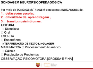 SONDAGEM NEUROPSICOPEDAGÓGICA
Por meio de SONDAGEM/TRIAGEM detectamos INDICADORES de
1. defasagem escolar,
2. dificuldade de aprendizagem ,
3. transtornos/síndromes.
LEITURA
Silenciosa
Oral
ESCRITA
Espontânea
INTERPRETAÇÃO DE TEXTO LINGUAGEM
MATEMÁTICA Processamento Numérico
Cálculo
Resolução de Problemas
OBSERVAÇÃO PSICOMOTORA [GROSSA E FINA]
 