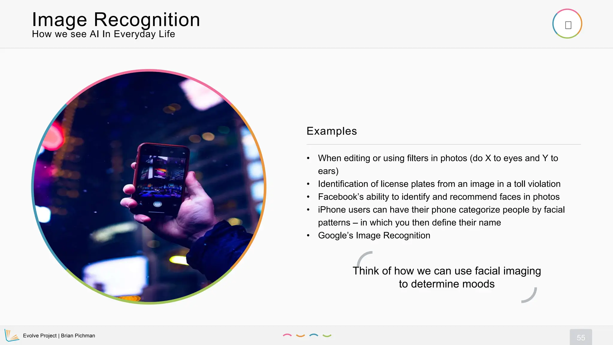 Evolve Project | Brian Pichman
55
• When editing or using filters in photos (do X to eyes and Y to
ears)
• Identification of license plates from an image in a toll violation
• Facebook’s ability to identify and recommend faces in photos
• iPhone users can have their phone categorize people by facial
patterns – in which you then define their name
• Google’s Image Recognition
Examples
How we see AI In Everyday Life
Image Recognition
Think of how we can use facial imaging
to determine moods
 