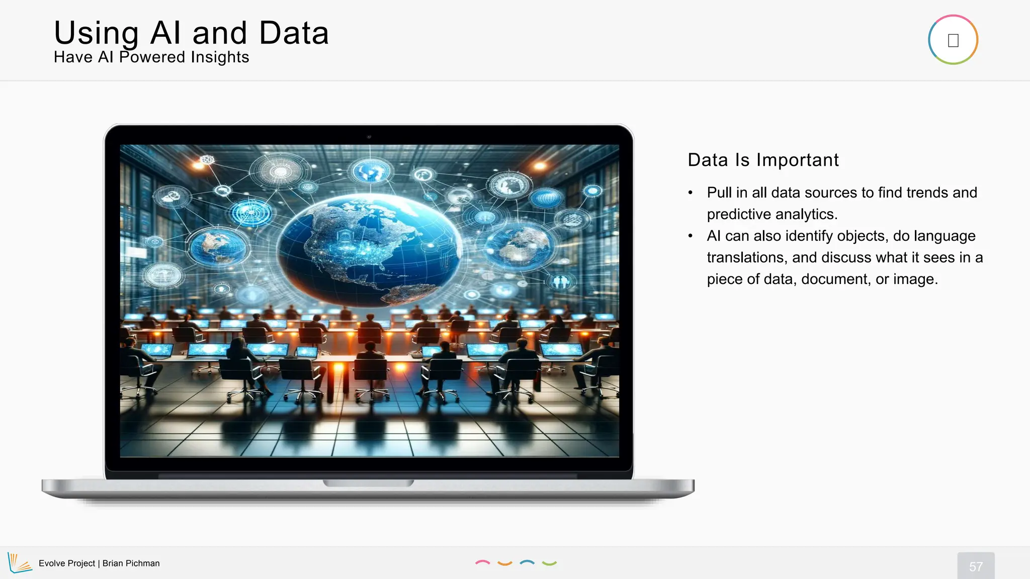 Evolve Project | Brian Pichman
57
Have AI Powered Insights
Using AI and Data
• Pull in all data sources to find trends and
predictive analytics.
• AI can also identify objects, do language
translations, and discuss what it sees in a
piece of data, document, or image.
Data Is Important
 